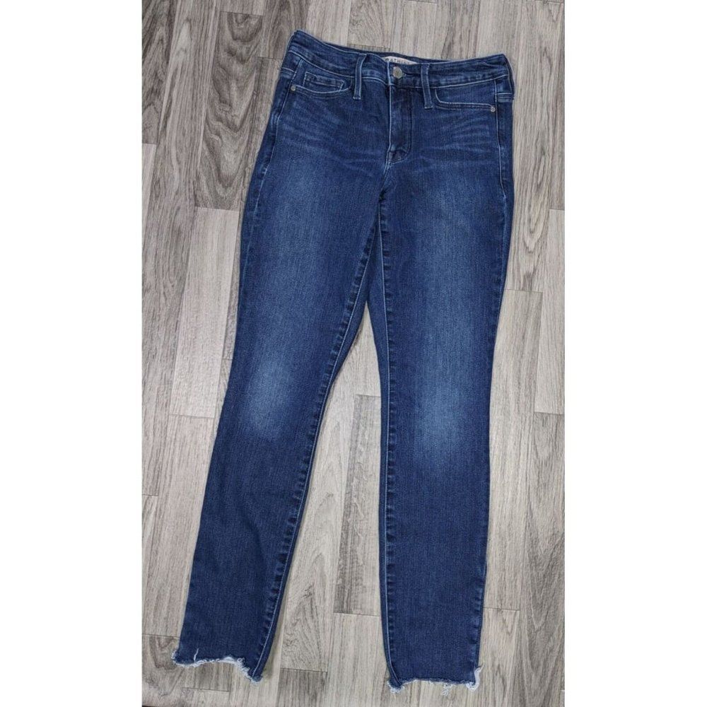 Athleta Womens Size 0 Whiskered Skinny Fringe Hem Denim Blue Jeans